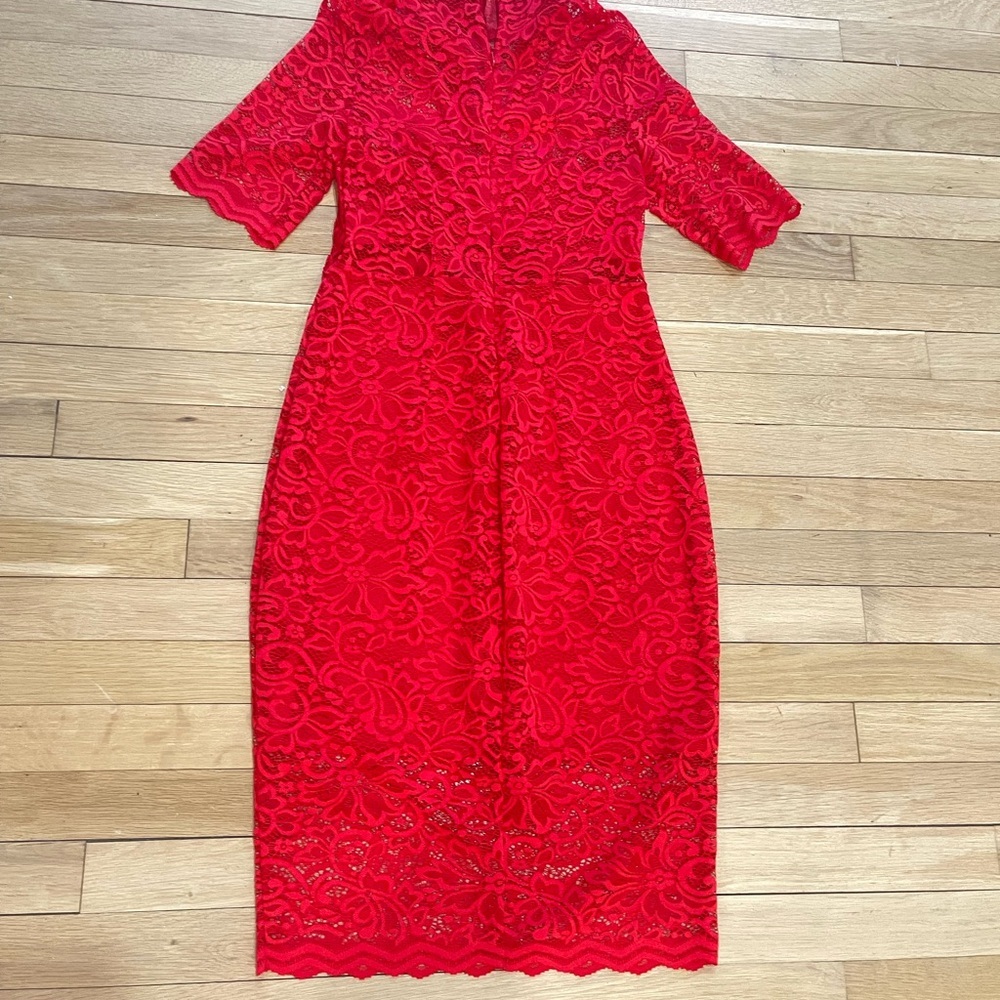 Express Red Midi Sheath Dress with 3/4 Sleeves and V-Neck for Cocktail